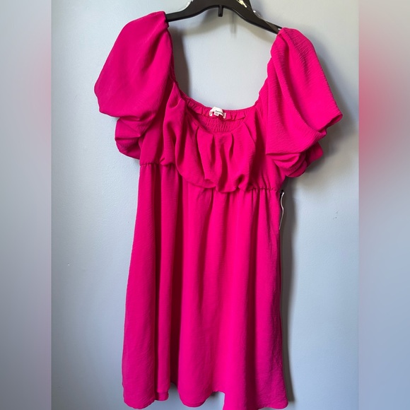 june & hudson Tops - june & hudson Hot Pink Puff-Sleeve Babydoll Tunic